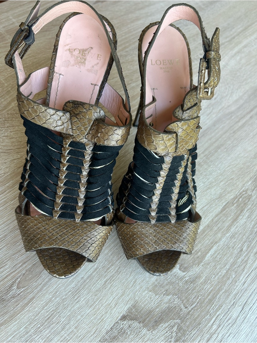 LOEWE Metallic Bronze & Black Woven Leather Slingback Sandals Y2K - Picture 2 of 8